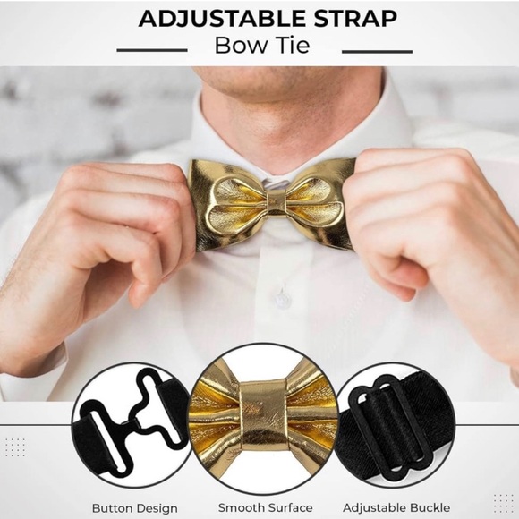 HOMECOMING, Prom, Graduation etc. Pre-Tied BOW TIE Gold faux Leather; Adjustable - Picture 2 of 3